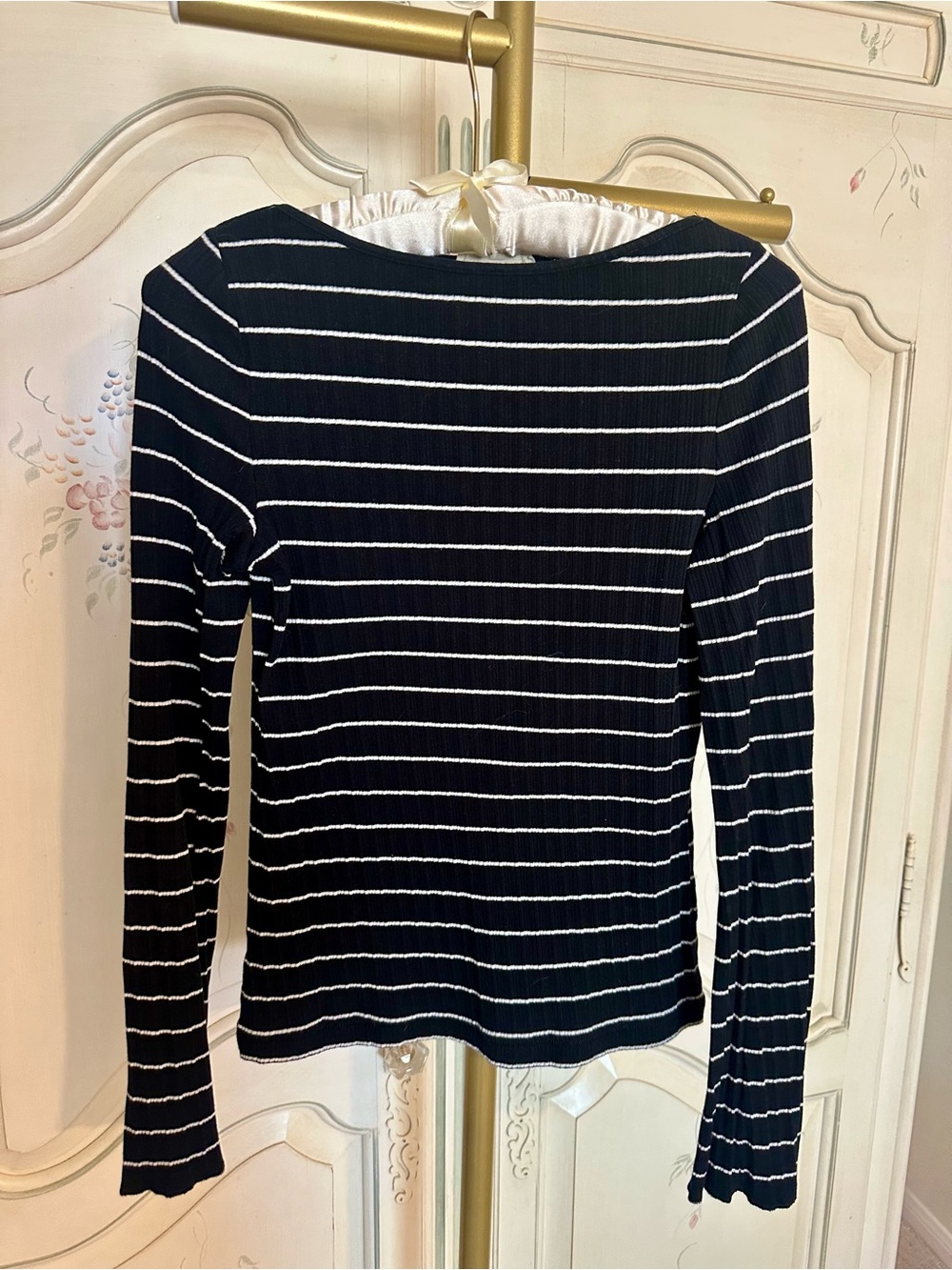 Madewell Long-Sleeve Black and White Striped Ribbed Top With Bell Sleeves